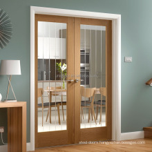 Oak Wood Door Etched Lines Clear Glass Entry Doors Interior Engineered Wood Frame Tempered Glass Clear, Frosted Etc Swing door